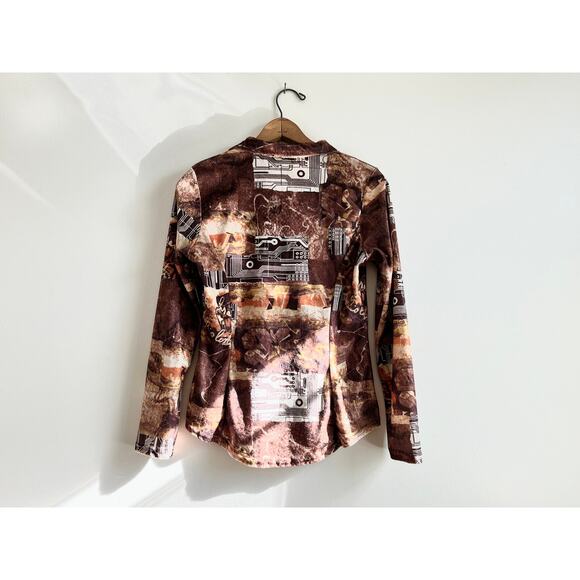 Vintage 90s Bebe Velour Cyber Grunge Top | Bronze Circuit Print | XS/S - Picture 6 of 8